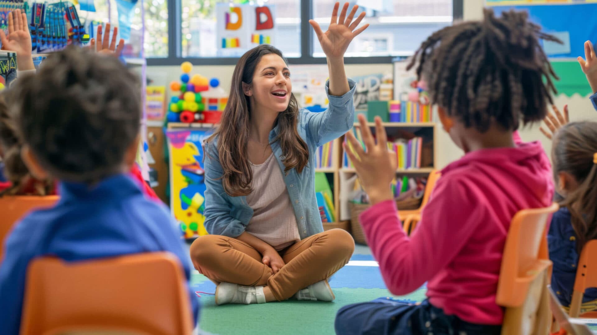A Little People’s Landing teacher smiling with her students